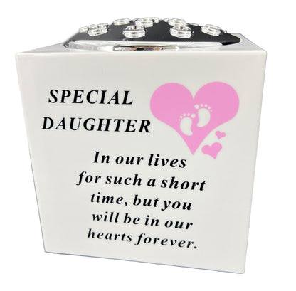 Special Daughter Pink Little Girl Baby Memorial Graveside Flower Vase Container White and Silver