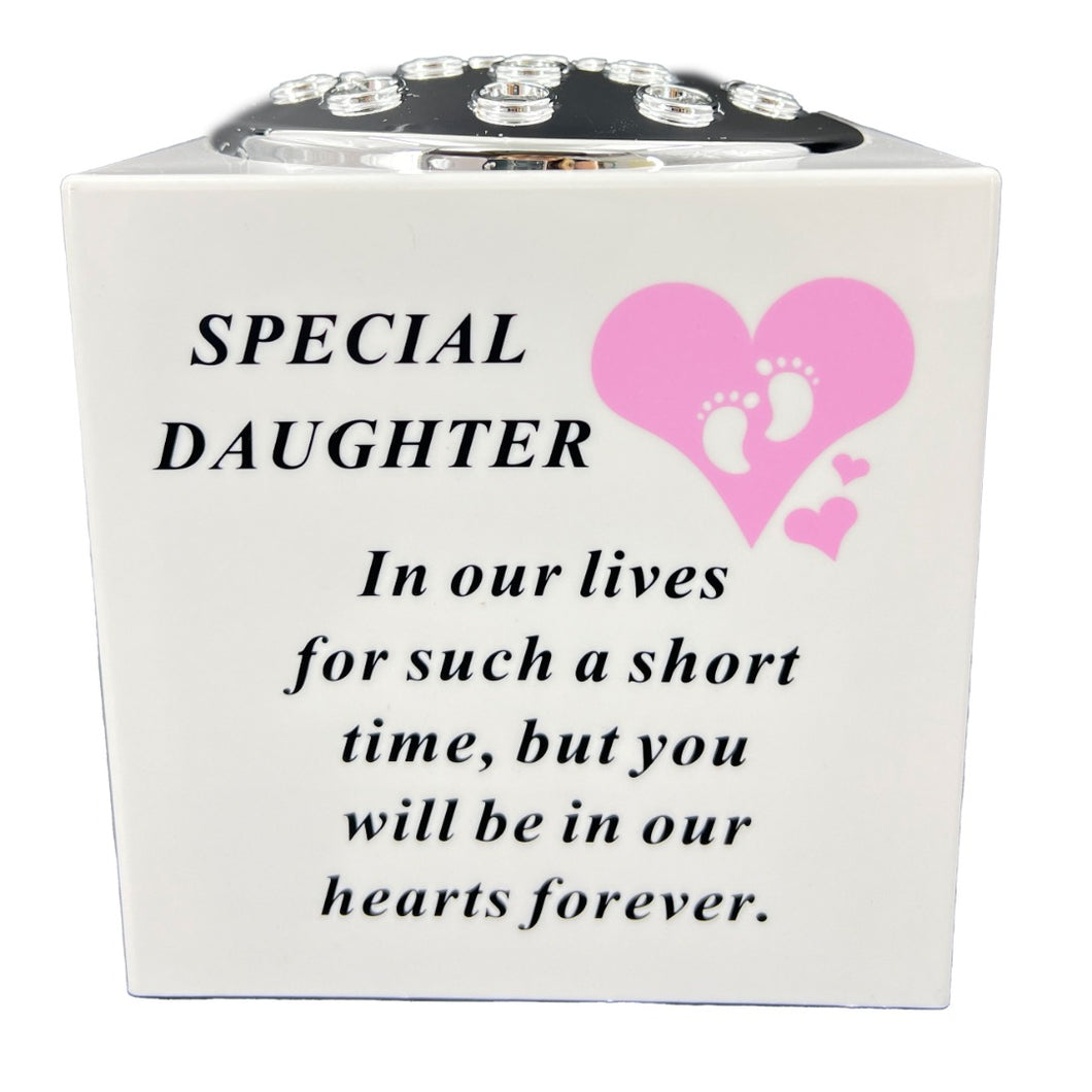 Special Daughter Pink Little Girl Baby Memorial Graveside Flower Vase Container White and Silver