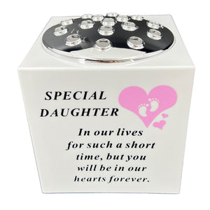 Special Daughter Pink Little Girl Baby Memorial Graveside Flower Vase Container White and Silver