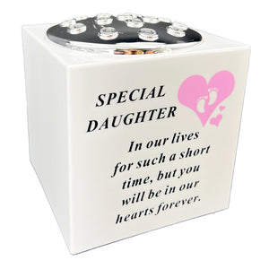 Special Daughter Pink Little Girl Baby Memorial Graveside Flower Vase Container White and Silver