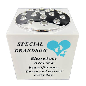 Special Grandson Blue Little Boy Baby Memorial Graveside Flower Vase Container White and Silver