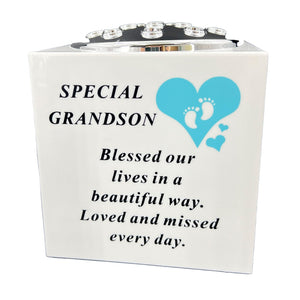 Special Grandson Blue Little Boy Baby Memorial Graveside Flower Vase Container White and Silver