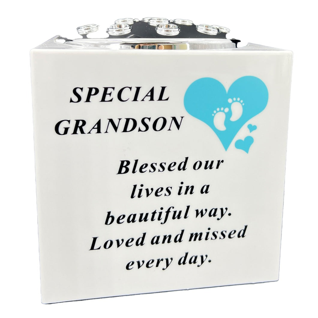 Special Grandson Blue Little Boy Baby Memorial Graveside Flower Vase Container White and Silver