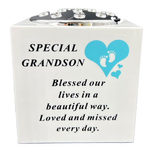 Special Grandson Blue Little Boy Baby Memorial Graveside Flower Vase Container White and Silver