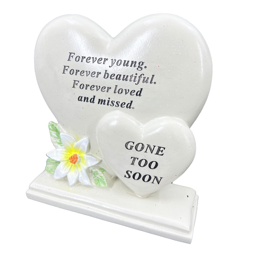 Gone Too Soon double heart memorial plaque close up