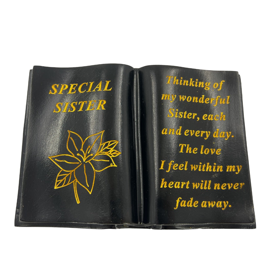 Special Sister Gold Lily Flower Graveside Black Book Memorial Ornament Plaque