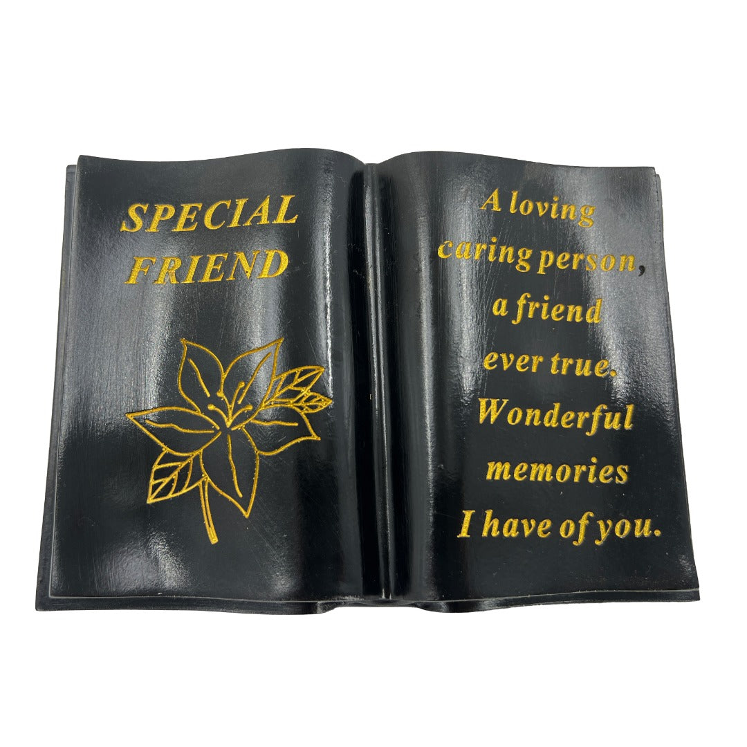 Special Friend gold lily black book memorial ornament front view