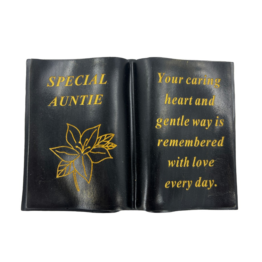 Special Auntie gold lily black book memorial ornament front view