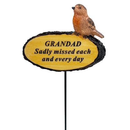 Sadly Missed Grandad Robin Bird Memorial Tribute Stick Graveside Flower Garden Plaque
