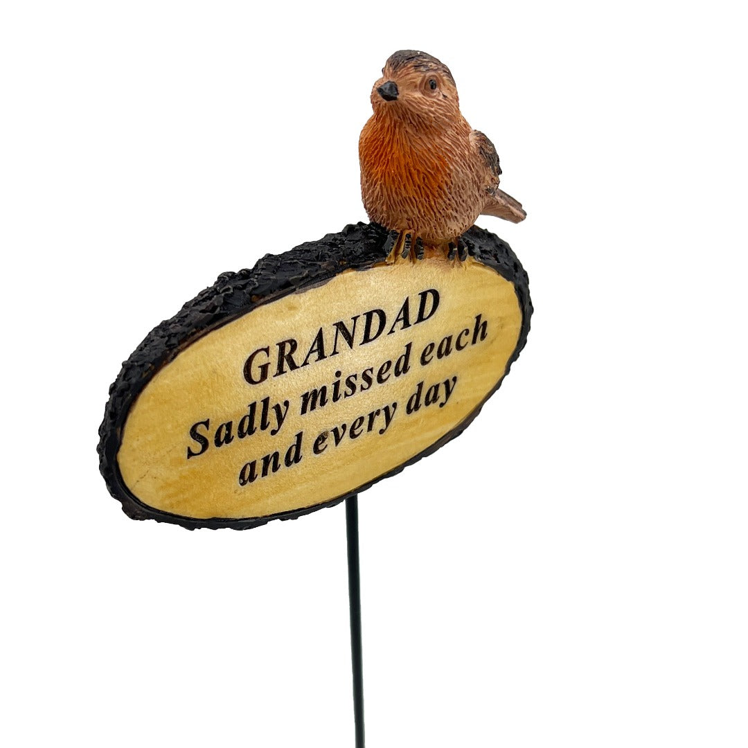 Sadly Missed Grandad Robin Bird Memorial Tribute Stick Graveside Flower Garden Plaque