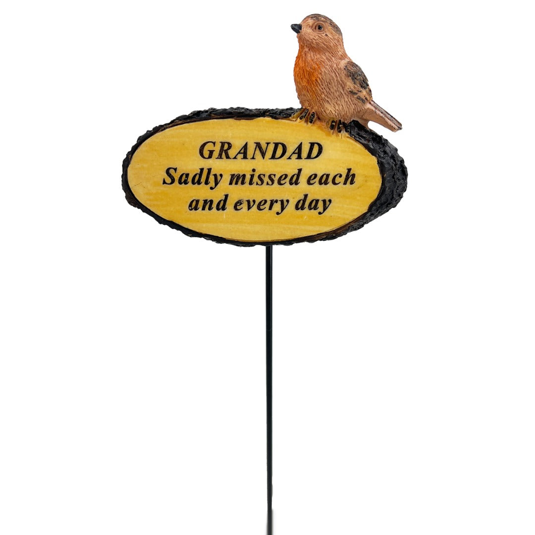 Sadly Missed Grandad Robin Bird Memorial Tribute Stick Graveside Flower Garden Plaque