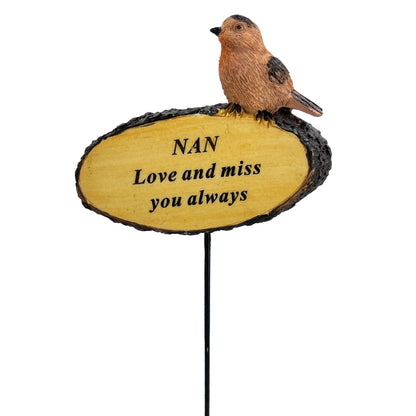 Nan robin on log slice memorial tribute stick