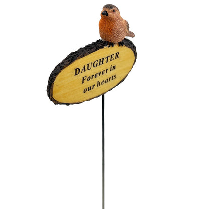 Daughter Forever In Our Hearts Robin Bird Memorial Tribute Stick Graveside Flower Garden Plaque