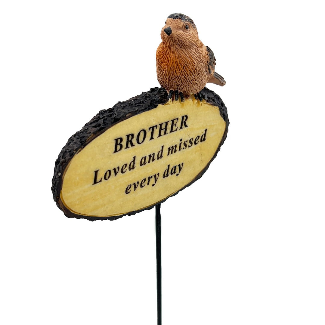Brother Loved and Missed Robin Bird Memorial Tribute Stick Graveside Flower Garden Plaque