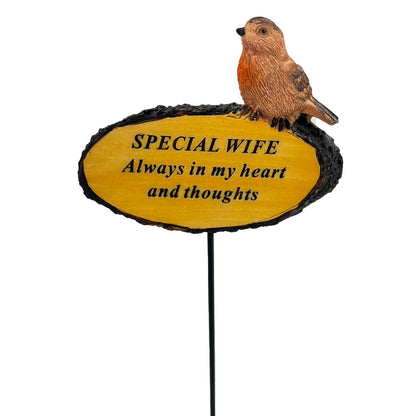 Special Wife Always in my heart and thoughts Robin Bird Memorial Tribute Stick