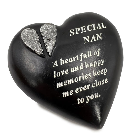 Special Nan Angel Wings Memorial Black Heart Grave Plaque Graveside Ornament Decoration