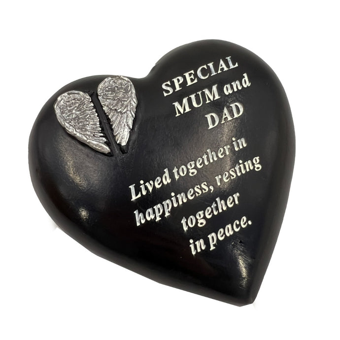 Special Mum and Dad Angel Wings Memorial Black Heart Grave Plaque Graveside Ornament Decoration