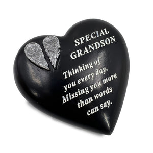 Special Grandson Angel Wings Memorial Black Heart Grave Plaque Graveside Ornament Decoration