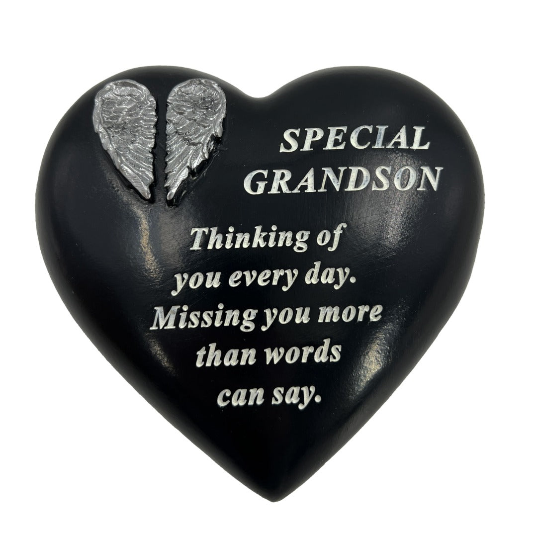Special Grandson Angel Wings Memorial Black Heart Grave Plaque Graveside Ornament Decoration
