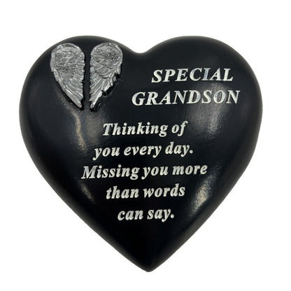 Special Grandson Angel Wings Memorial Black Heart Grave Plaque Graveside Ornament Decoration