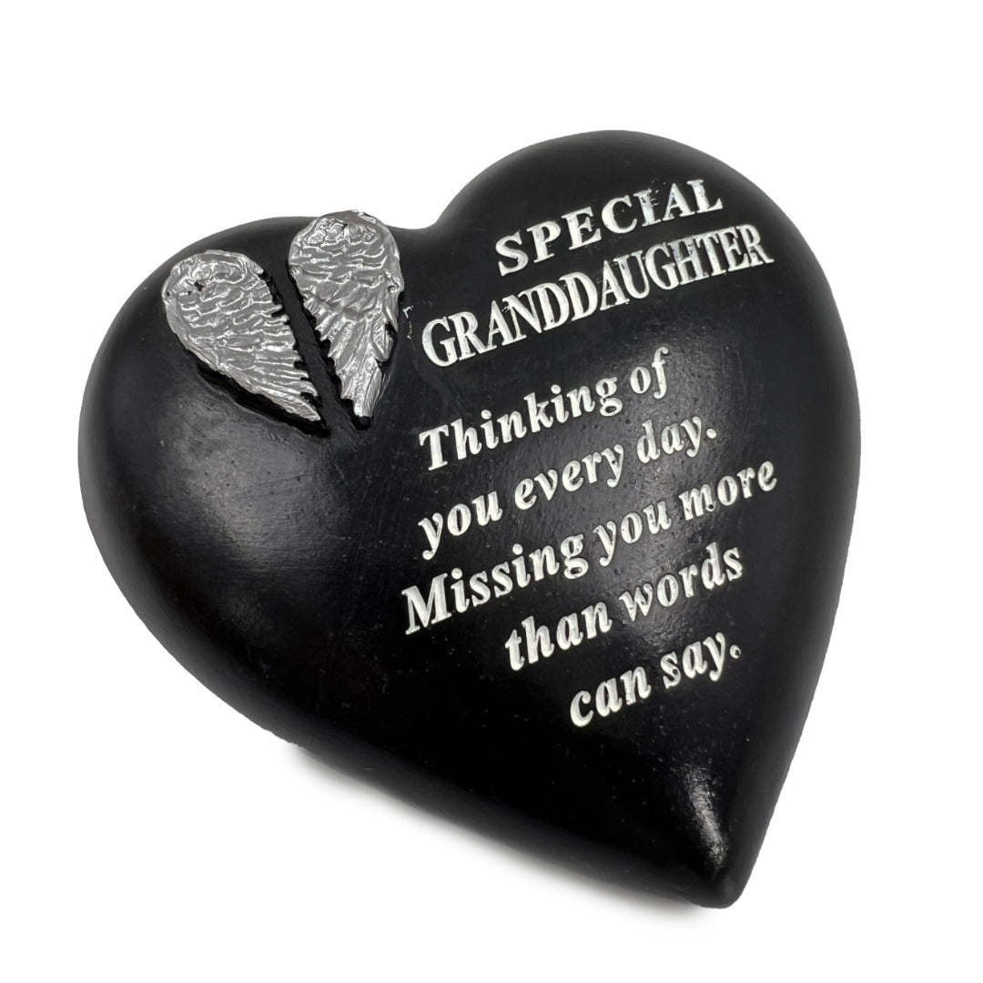 Special Granddaughter angel wings memorial heart plaque front view
