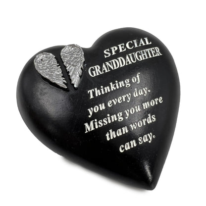 Special Granddaughter angel wings memorial heart plaque front view