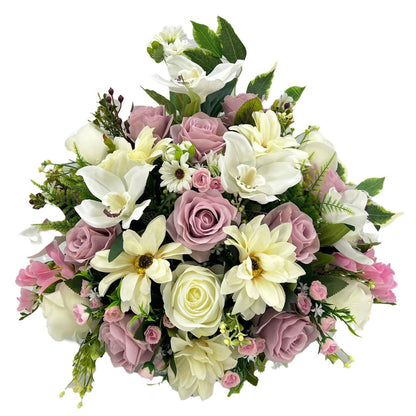 Rhoda Large Pink White Rose Orchid Artificial Flower Graveside Cemetery Memorial Arrangement