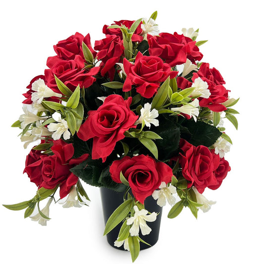 Rosemary Red Rose Artificial Flower Graveside Pot Cemetery Memorial Arrangement Pot