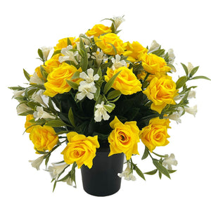 Helena Yellow Rose Artificial Flower Graveside Pot Cemetery Memorial Arrangement Pot