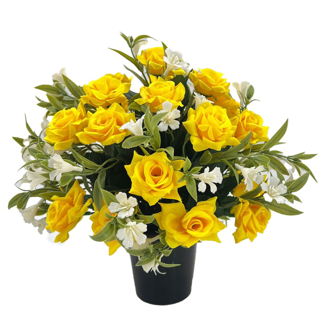 Helena Yellow Rose Artificial Flower Graveside Pot Cemetery Memorial Arrangement Pot