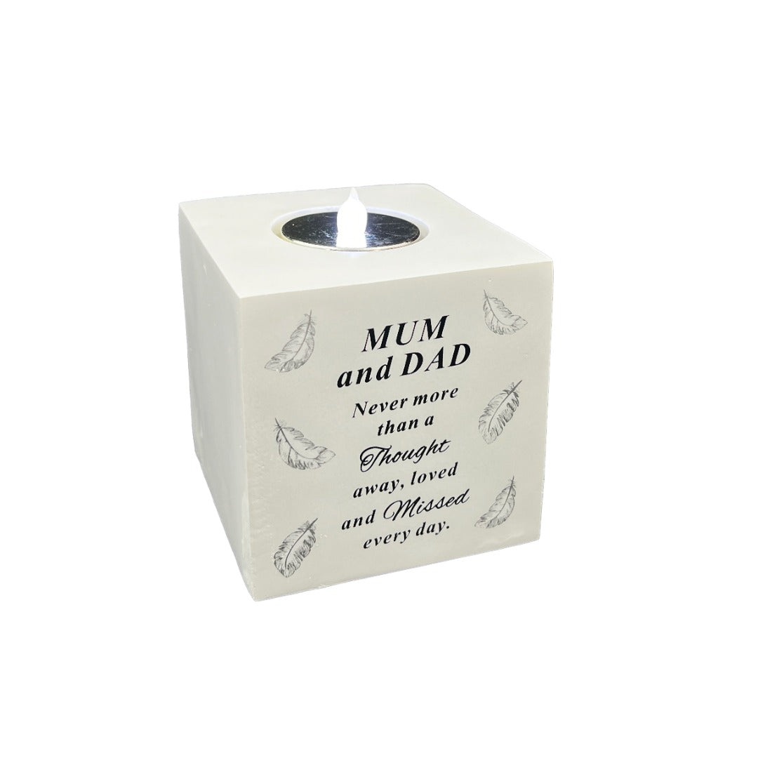Mum and Dad Feather Tealight Candle Holder Graveside Grave Memorial Ornament Verse Plaque