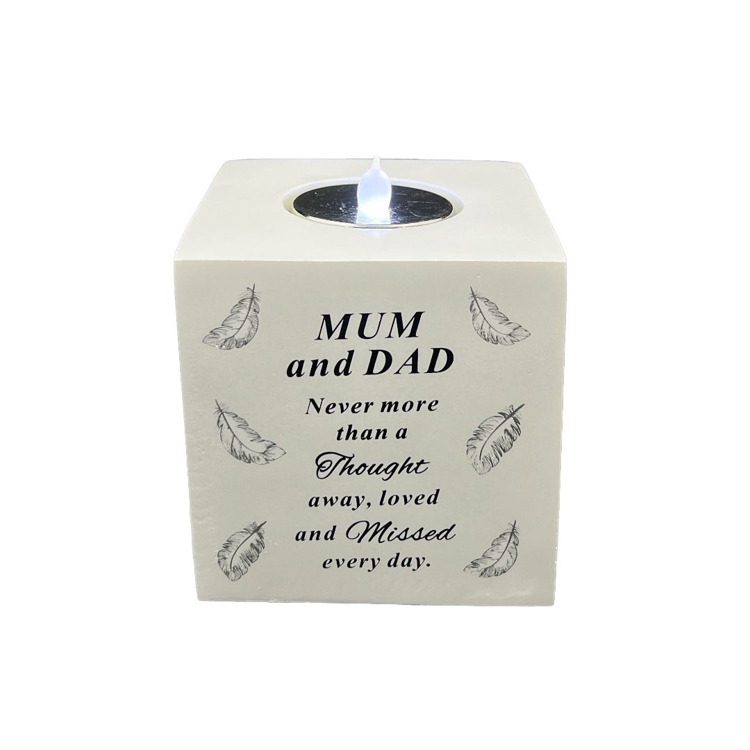 Mum and Dad Feather Tealight Candle Holder Graveside Grave Memorial Ornament Verse Plaque