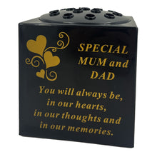 Load image into Gallery viewer, Special Mum and Dad Love Heart Black Gold Memorial Graveside Flower Vase Container