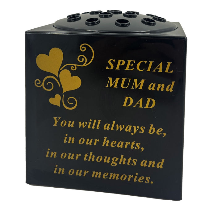 Special Mum and Dad Love Heart Black Gold Memorial Graveside Flower Vase Container