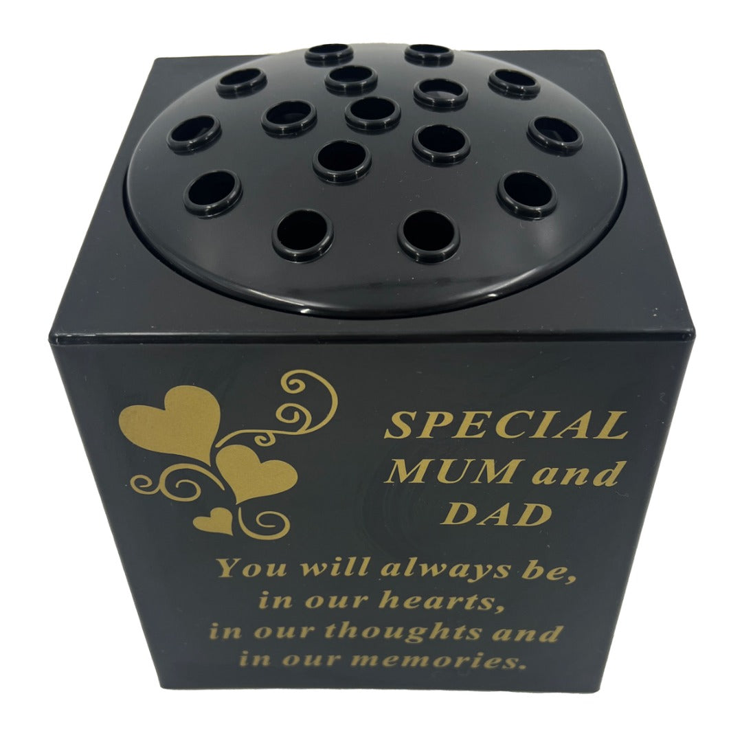 Special Mum and Dad Love Heart Black Gold Memorial Graveside Flower Vase Container