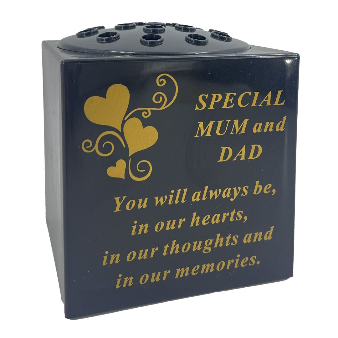 Special Mum and Dad Love Heart Black Gold Memorial Graveside Flower Vase Container