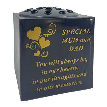 Special Mum and Dad Love Heart Black Gold Memorial Graveside Flower Vase Container