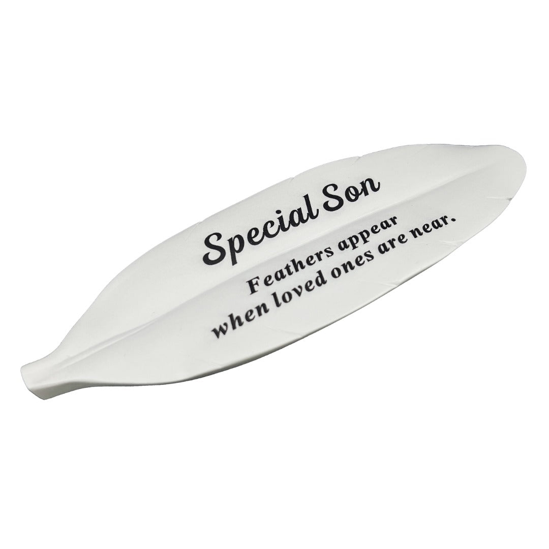 Special Son white feather memorial plaque front view