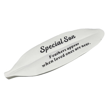 Special Son white feather memorial plaque front view