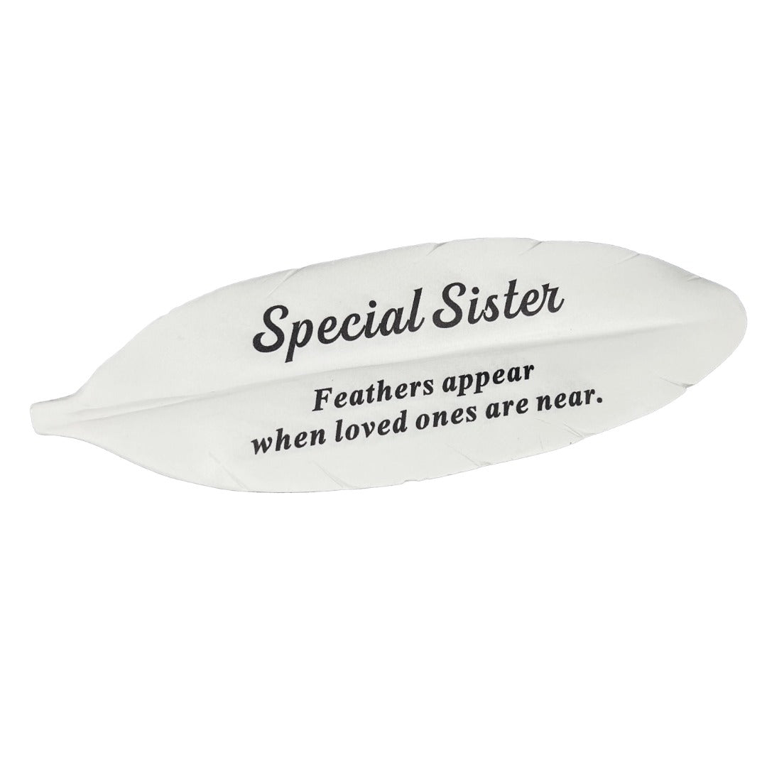 Special Sister white feather memorial plaque front view
