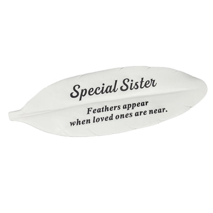Special Sister white feather memorial plaque front view