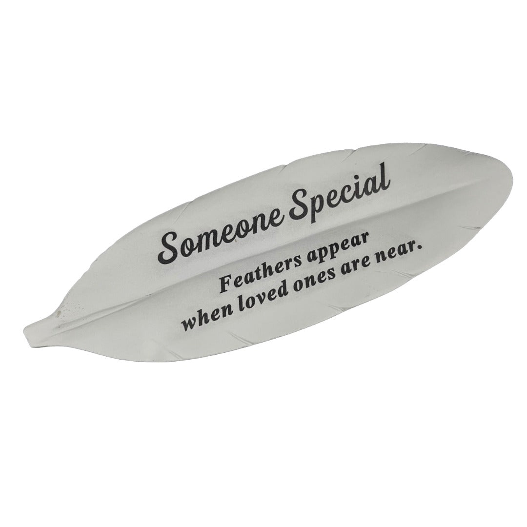 Someone Special white feather memorial plaque close up