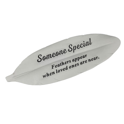 Someone Special white feather memorial plaque close up