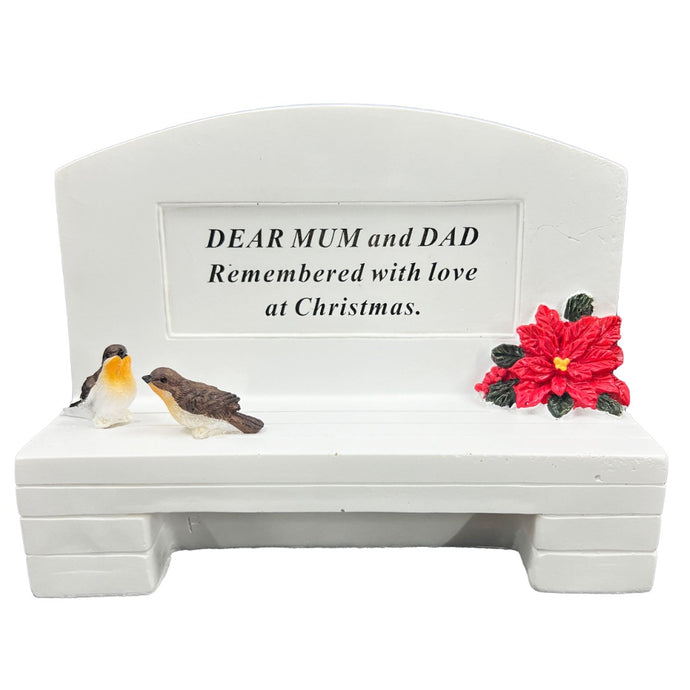 Dear Mum and Dad Christmas Robin Graveside Memorial Bench Grave Plaque Ornament Decoration Xmas Poinsettia Flowers