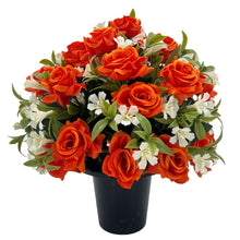 Load image into Gallery viewer, Jaffa Orange Rose Artificial Flower Graveside Pot Cemetery Memorial Arrangement Pot