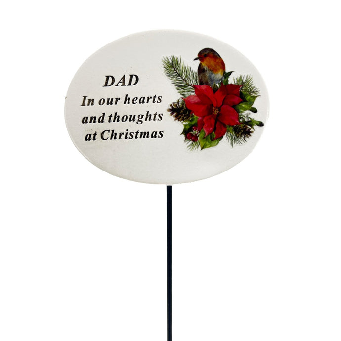 Dad Christmas Xmas Robin Poinsettia Flower Memorial Tribute Stick Graveside Plaque