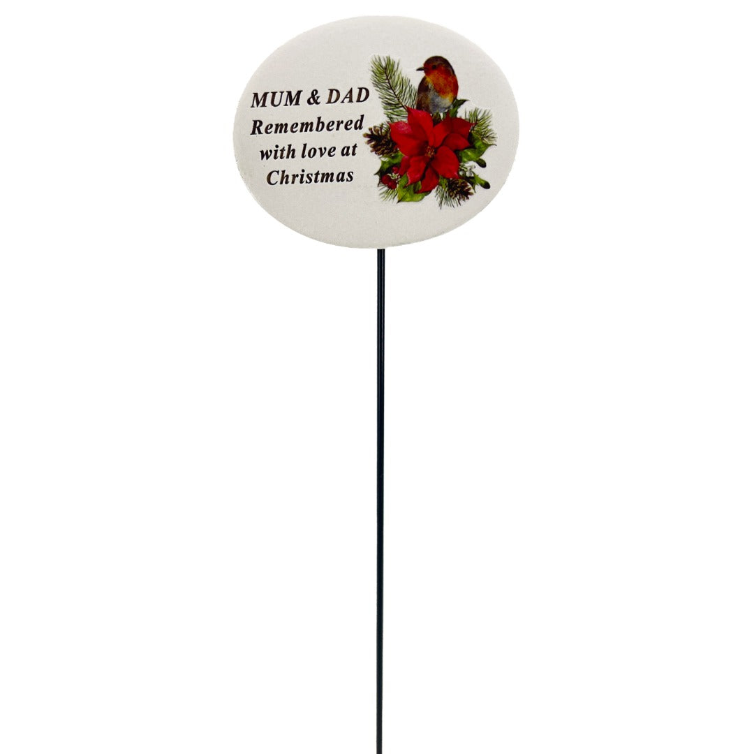 Mum and Dad Christmas Xmas Robin Poinsettia Flower Memorial Tribute Stick Graveside Plaque