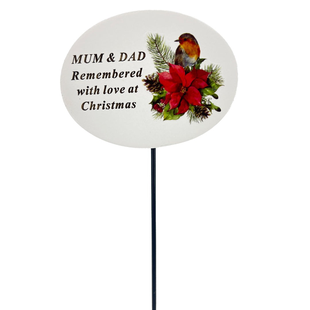 Mum and Dad Christmas Xmas Robin Poinsettia Flower Memorial Tribute Stick Graveside Plaque