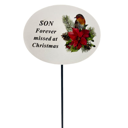 Son Christmas Xmas Robin Poinsettia Flower Memorial Tribute Stick Graveside Plaque