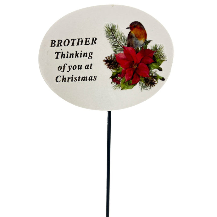 Brother Christmas Xmas Robin Poinsettia Flower Memorial Tribute Stick Graveside Plaque